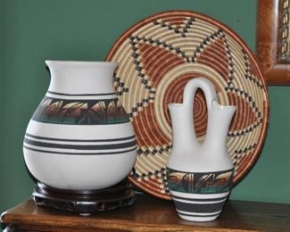 Wonderful Native American Hand Made Signed  Pottery Vessels Shown with a Hand Woven Mexican Wedding Basket