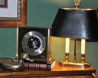 Terrific Black and Gold Desk Lamp (SOLD)Shown with a Seiko Battery Operated World Desk Clock as well as a Brass Duck Paperwight (SOLD)