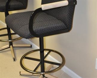 Pair of Black with White and Red Polka Dot Upholstered Swivel Bar Stools