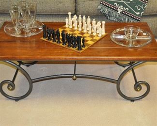 Antique Bronze Metal and Cinnamon Stained Wood Provincial Coffee Table by Charleston Forge, 48"w x 23.5"d x 16"