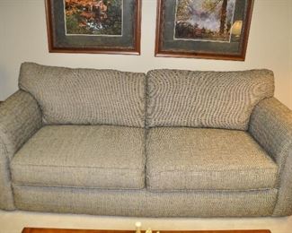 Matching Two Cushion Upholstered Black and Cream with Multi-Colored Fleck Upholstery Sofa, 88"w x 40"d x 38"h 