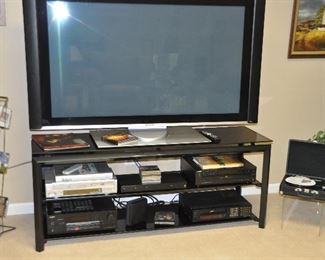 Wonderful Three Black Glass Shelf and Gun Metal Grey Media Center, 5'1" x 18"d x 25"h