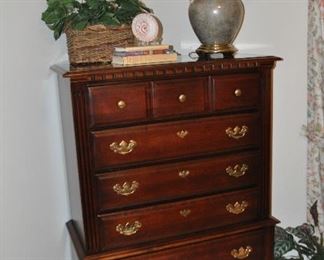 Gorgeous 6 Drawer High Boy Dresser with Carved Wood and Brass Hardwood