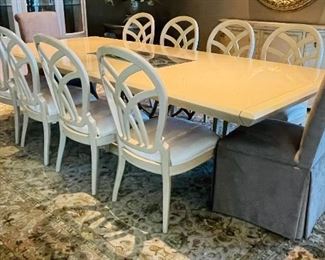11- NOW $400 was $795 Century birch dining set with 8 matching chairs (cream seat cover) + 2 upholstery chairs • 30high 112wide 48deep
chair round top 
• 40high 22wide 22deep
Fabric chairs 
• 41high 21wide 30deep