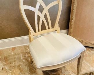 11- NOW $400 was $795 Century birch dining set with 8 matching chairs (cream seat cover) + 2 upholstery chairs • 30high 112wide 48deep
chair round top 
• 40high 22wide 22deep
Fabric chairs 
• 41high 21wide 30deep