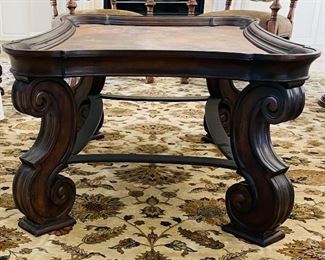 20 - NOW $189 was $375 Century Mediterranean style coffee table iron base & copper top• 23high 50wide 38deep