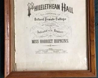 "Our Philelethean Hall" 1857 Framed Sheet Music