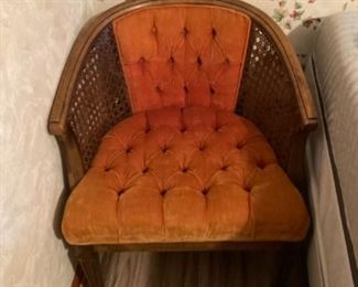 Mid Century Modern Chair with Caned Back and Velet Upholstery 