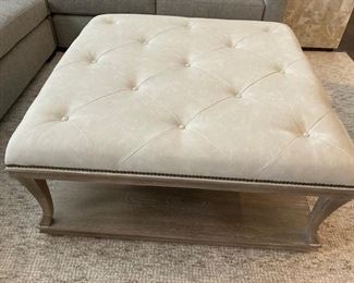 PRICE - $775; Beautiful Bernhardt wood/upholstered square, tufted, oatmeal-colored coffee table; two years old. 