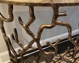 PRICE - $900; Close-up of Exquisite Living's stunning twig-designed metal console/foyer table with wood surface. 62" wide x 17.5" deep x 35" high. 