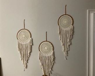 PRICE - $125; Set/3 crocheted wall hangings. 