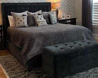  PRICE - $1,850; Arhaus "The Felix" king bed with blackish gray upholstered headboard; includes mattress set. (Bed linens not included.)