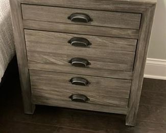 PRICE - $450/each; Pair Universal distressed gray wooden three-drawer night stands. 