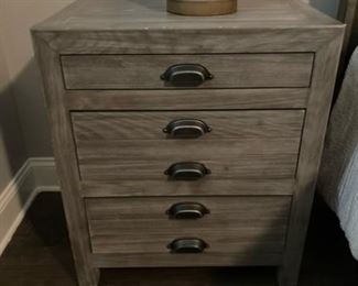 PRICE - $450/each; Pair Universal distressed gray wooden three-drawer night stands. 
