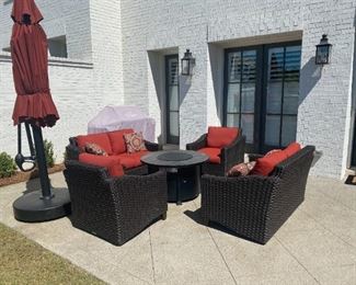 PRICE - $850/chair; Set/2 indoor/outdoor wicker club chairs with cushions. PRICE - $1,150/loveseat; Set/2 indoor/outdoor wicker double loveseats with cushions. Excellent condition. PRICE - $1,150; outdoor folding umbrella. Retail stores have no inventory!