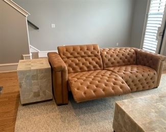 PRICE - $3,500; Exquisite Living Italian tufted leather sofa that reclines in both sections. PRICE - $850; Exquisite Living cube marble side table. Both in excellent condition.