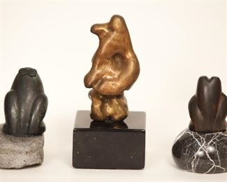 Left Frog: Bronze & Stone L 2" x H 4" x 3 3/8"                             Middle Statue: SOLD                                                                                   Right Frog: Bronze & Marble D 2 1/2" x H 4"