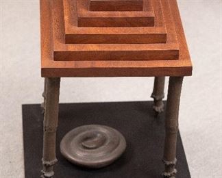 "Pyramid Table with Stool and Snake" Chair Sculpture No IX 1979 - 85 Bronze and Wood 12 1/2" x 12 1/2" x 22 1/4"