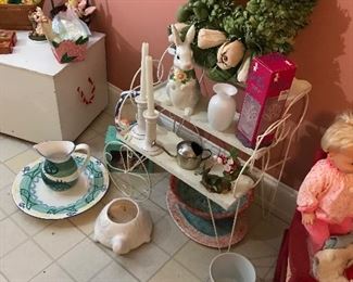 Easter items and a flower cart