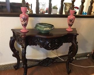 Ornate Console Table and Bristol Vases