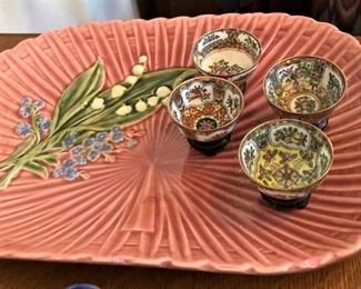 Majolica platter; small porcelain bowls
