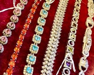 STERLING TENNIS BRACELETS, SEVERAL WITH REAL GEMSTONES AND CZ