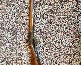 Antique Jaeger Hunting Rifle muzzle loader c1840s with percussion lock.  Musket with a wooden patch box, fine carvings, carved cheek piece, single trigger, brass trim with Wogdon lock.  3 rounds of ammo with wadding.blots more pictures below and at the end.
