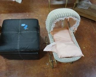 wicker doll stroller, foot stool with storage