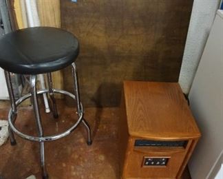 portable heater, card table, stool