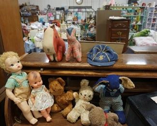 vintage dolls, stuffed animals