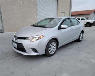 #110 • 2016 Toyota CorollaYear: 2016
Make: Toyota
Model: Corolla
Vehicle Type: Passenger Car
Mileage: 22,435
Plate: 7KSU063
Body Type: 4 Door Sedan
Trim Level: CE; S; LE
Drive Line: FWD
Engine Type: L4, 1.8L; DOHC 16V; VVT-i
Fuel Type: Gasoline
Horsepower:
Transmission: Automatic
VIN #: 5YFBURHE0GP433836

Features and Notes:
Sold on Application for Duplicate Title 
Power Windows, Door locks, Mirrors, Steering Wheel Controls, Hands free Capable
 
