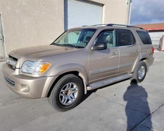 #200 • 2005 Toyota Sequoia
Year: 2005
Make: Toyota
Model: Sequoia
Vehicle Type: Multipurpose Vehicle (MPV)
Mileage: 210636
Plate: 5KTW326
Body Type: 4 Door Wagon
Trim Level: Limited
Drive Line: RWD
Engine Type: V8, 4.7L; DOHC 32V
Fuel Type: Gasoline
Horsepower: 240-245HP
Transmission: Automatic
VIN #: 5TDZT38A75S243936

Features and Notes:
leather Interior, 3rd Row Seating, Power Seat, Windows, Mirrors, Doorlocks, DVD System