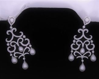 Hand Made 18IK Chandelier Pearl and Diamond Earrings