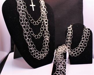 Two Sets of Sterling Necklaces and Silver tone Cross