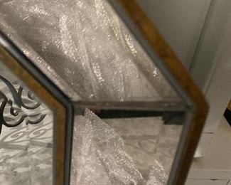 HEXAGON MIRROR HAS BEVELED GLASS AND
OBSCURED GLASS W/SILVER AND GOLD TRIM
WAS $150 NOW $125