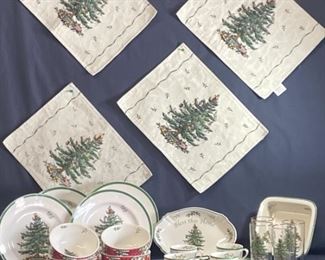 (28) Spode Christmas Tree Set: 4 Plates, 4 Bowls, 4 Cups & 4 Saucers, 4 Glasses, 2 Serving Bowls, 4 Placemats, & 2 Napkins