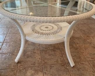 Large White Vinyl Wicker Table with Glass Top
