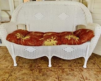 White Vinyl Wicker Settee with Cushion
