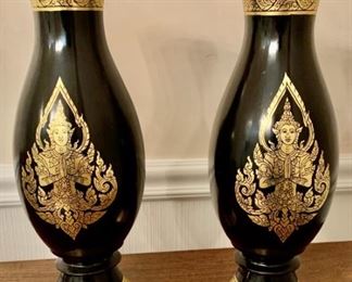 Wood Black & Gold Carved Vases