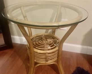 Vintage Rattan End Table with Glass Top