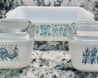 (3) Vintage Pyrex: 2-Butterprint Fridge Boxes, +
1-Amish Butterprint Square Baker