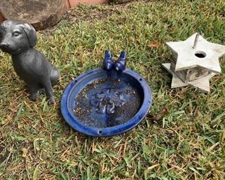 (3) Yard: Ceramic Glazed Bird Bath, Bird House,& Dog Statue