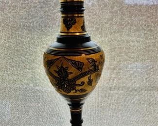 Tall Brass and Black Etched Trumpet Vase