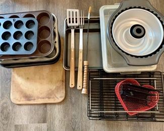 Large Lot of Baking, Bundt & Muffin Pans Utensils,
Cutting Board and Cooling Racks