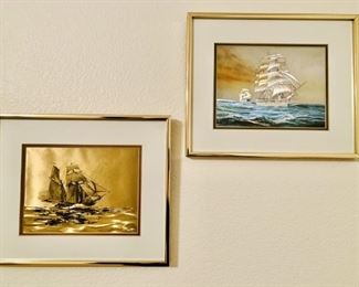 (2) Metallic Mid Century Clipper Ship Pictures