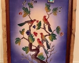 Large Framed Fabric Art, Cardinals in Tree
