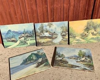 Vintage Asian Village Oil Paintings on Canvas