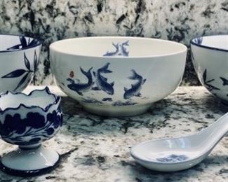 (5) Blue & White: 3-Bowls, 1-Spoon Rest, 1-Custard Spoon