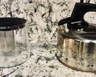 (2) Stainless Tea Kettle & Glass Tea Pot w Infuser