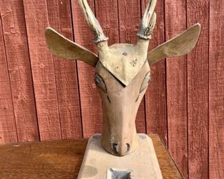 Real Antlers on Carved Wood Animal Head